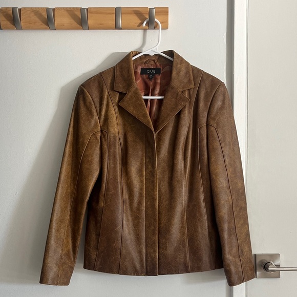 Vintage Que Brown Leather Blazer Jacket Women's Medium 90s Aesthetic - Picture 2 of 7